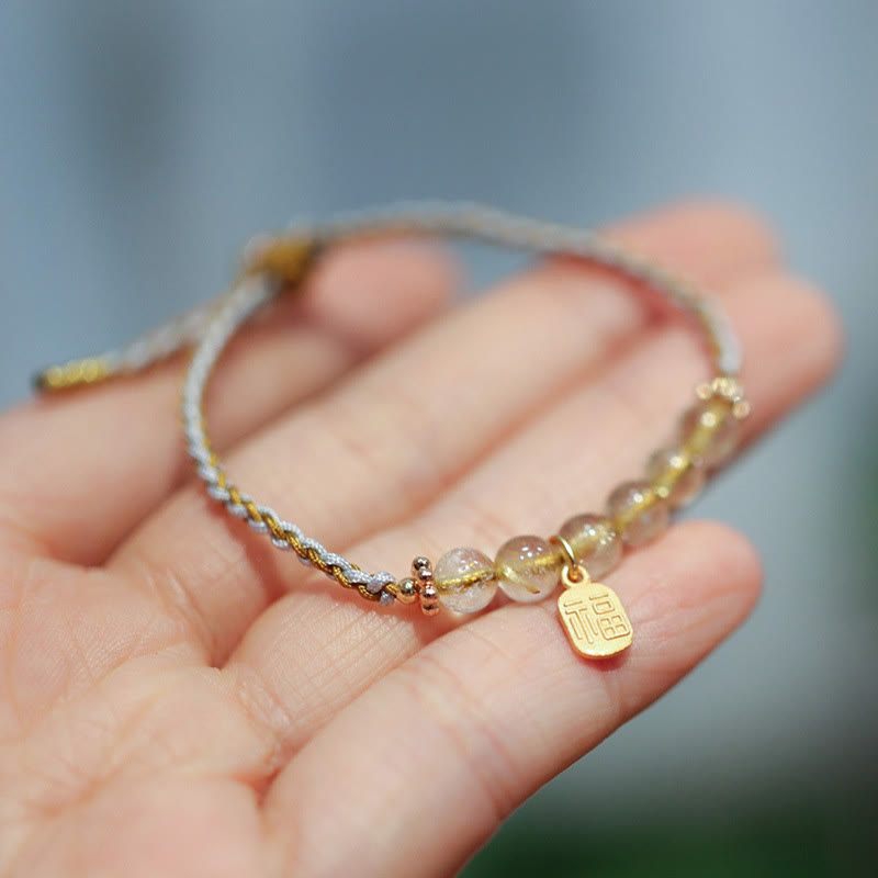 Fortune Jewel 925 Sterling Silver Natural Jade Gourd Rutilated Quartz Fu Character Luck Braid Bracelet