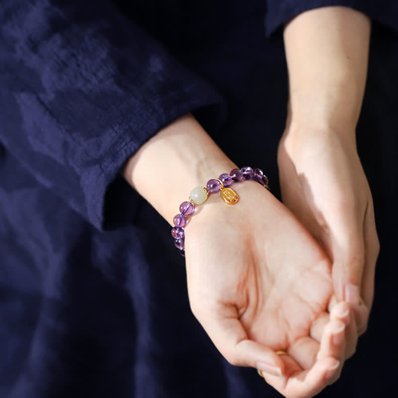 Fortune Jewel Natural Amethyst Crystal Hetian Jade Healing Charm Bracelet