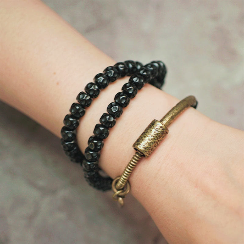 Fortune Jewel Retro Coconut Shell Brass Copper Happiness Triple Wrap Bracelet