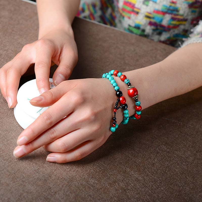 Fortune Jewel Turquoise Black Onyx Red Turquoise Bead Protection Bracelet