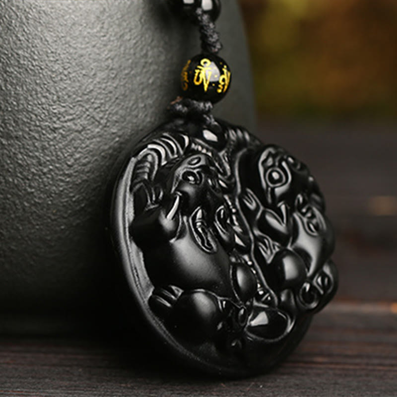 Fortune Jewel Black Obsidian Double Pixiu Bead Rope Purification Necklace Pendant