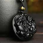 Fortune Jewel Black Obsidian Double Pixiu Bead Rope Purification Necklace Pendant