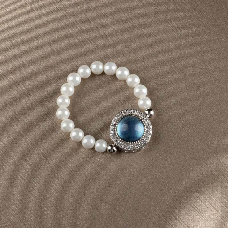 Fortune Jewel 925 Sterling Silver Pearl Blue Chalcedony Healing Chain Bracelet Ring