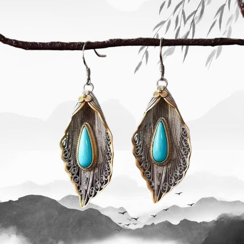 Fortune Jewel 925 Sterling Silver Turquoise Bodhi Leaf Pattern Protection Drop Dangle Earrings