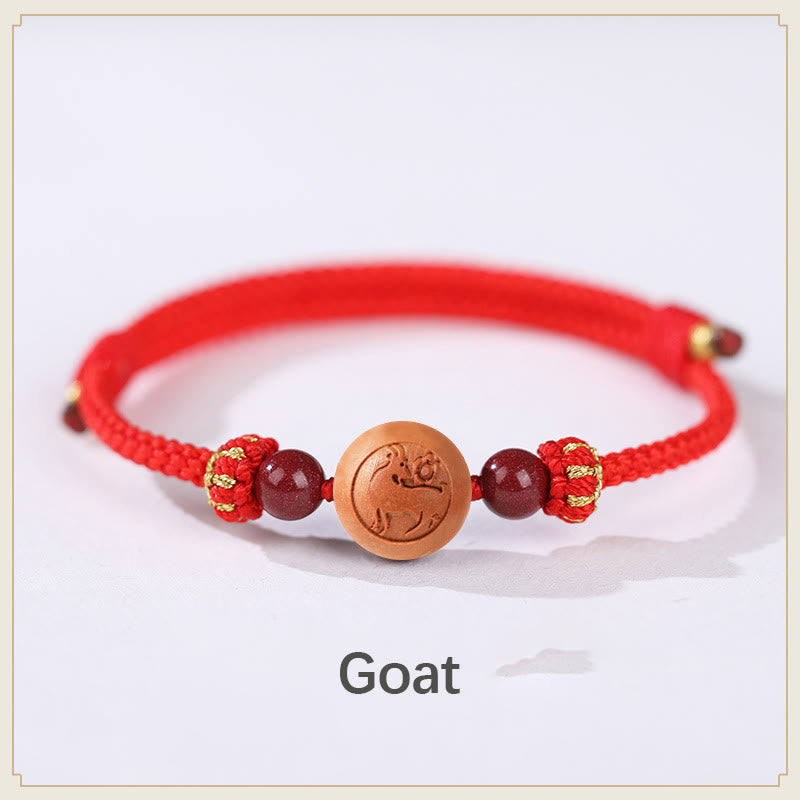 Fortune Jewel Natural Peach Wood Chinese Zodiac Fu Character Carved Cinnabar Wealth Bracelet