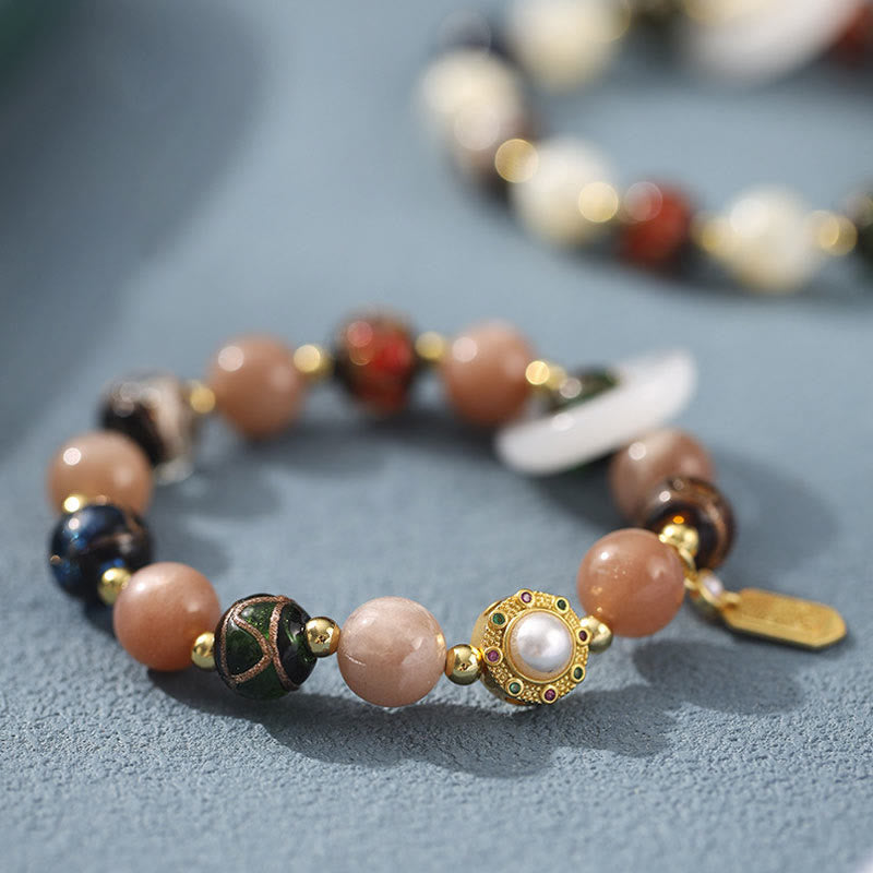 Fortune Jewel Tibetan Incense Ash Liuli Glass Tridacna Stone Sun Stone Om Mani Padme Hum Prayer Wheel Charm Bracelet