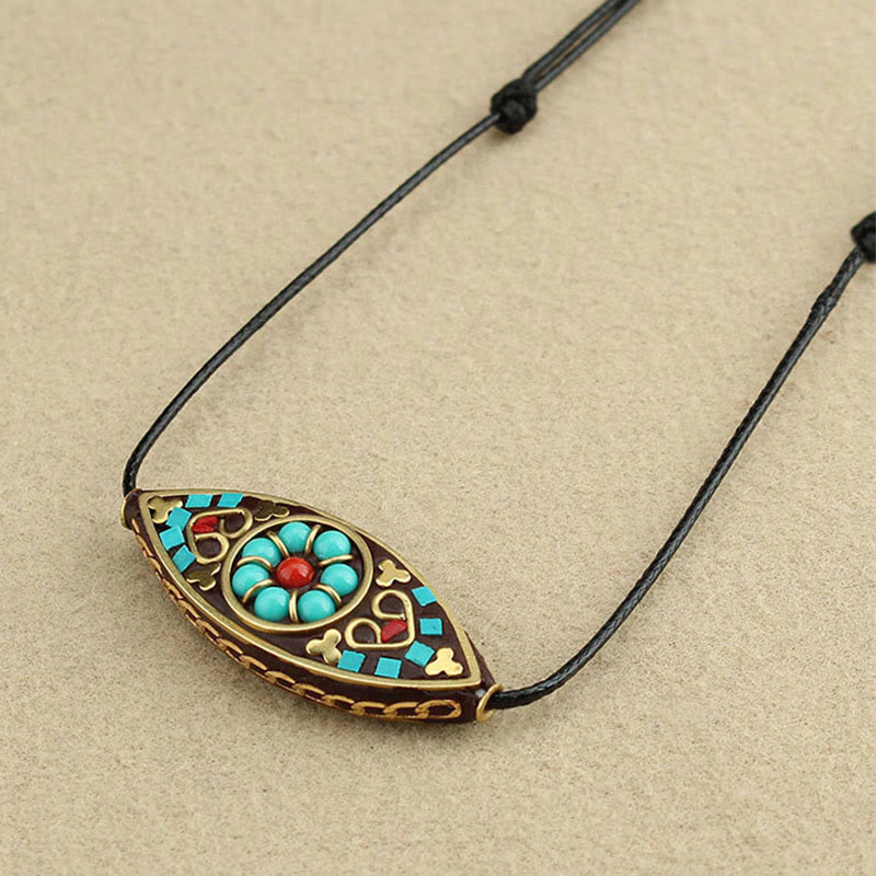 Fortune Jewel Tibet Turquoise Bead Marquise Pattern Protection Strength Necklace Pendant
