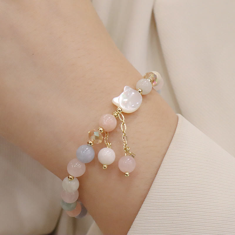 Fortune Jewel Natural Strawberry Quartz Morganite Tridacna Stone Cat Love Bracelet