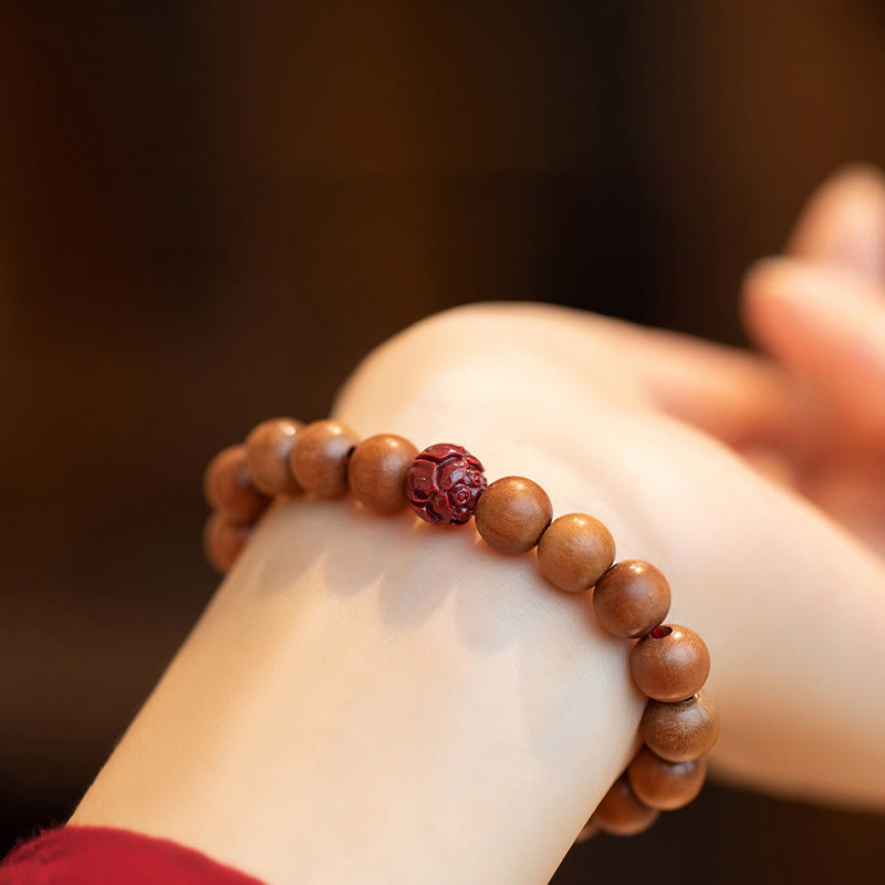 Fortune Jewel Peach Wood Lotus Cinnabar Luck Wealth Bracelet