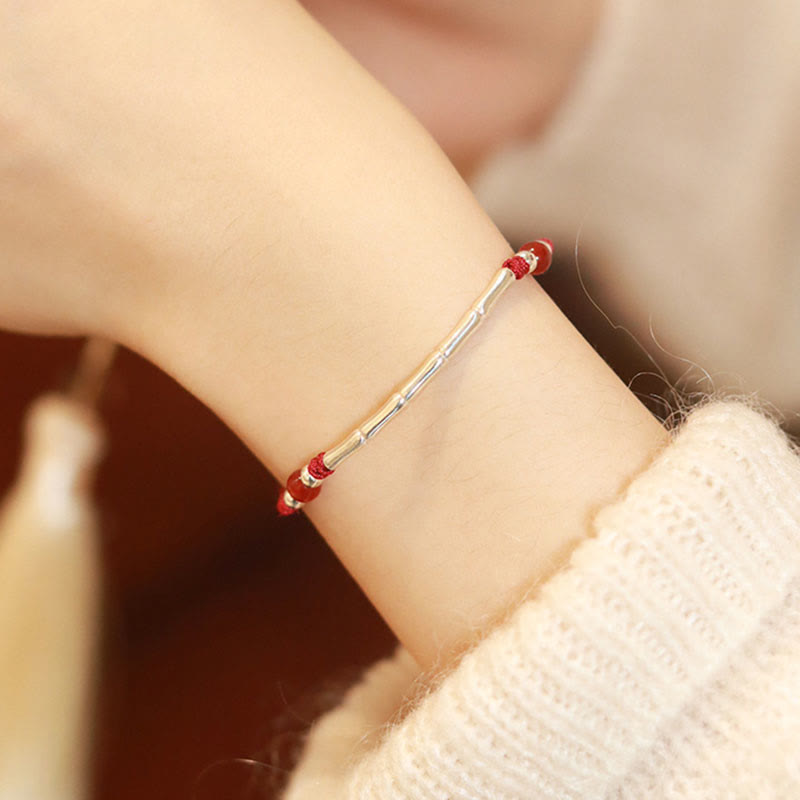 Fortune Jewel 925 Sterling Silver Bamboo White Agate Red Agate Bead Protection String Braided Bracelet