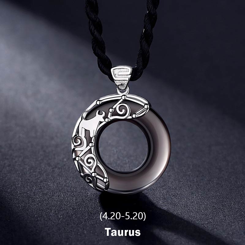 Fortune Jewel 12 Constellations of the Zodiac Ice Obsidian Blessing Round Pendant Necklace