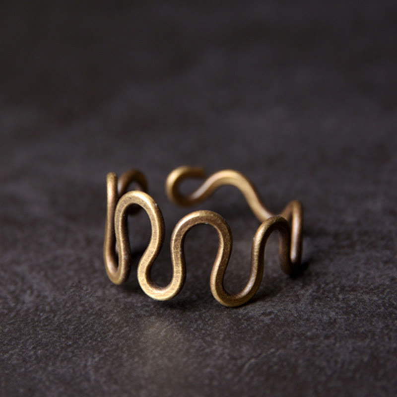 Fortune Jewel Simple Curved Brass Design Copper Luck Wealth Adjustable Ring
