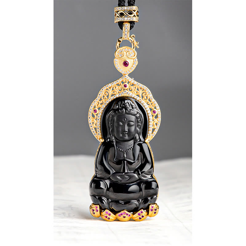 Fortune Jewel Natural Black Jade Kwan Yin Avalokitesvara Wealth Titanium Steel Chain Necklace Pendant Fortune Jewel