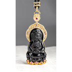 Fortune Jewel Natural Black Jade Kwan Yin Avalokitesvara Wealth Titanium Steel Chain Necklace Pendant Fortune Jewel
