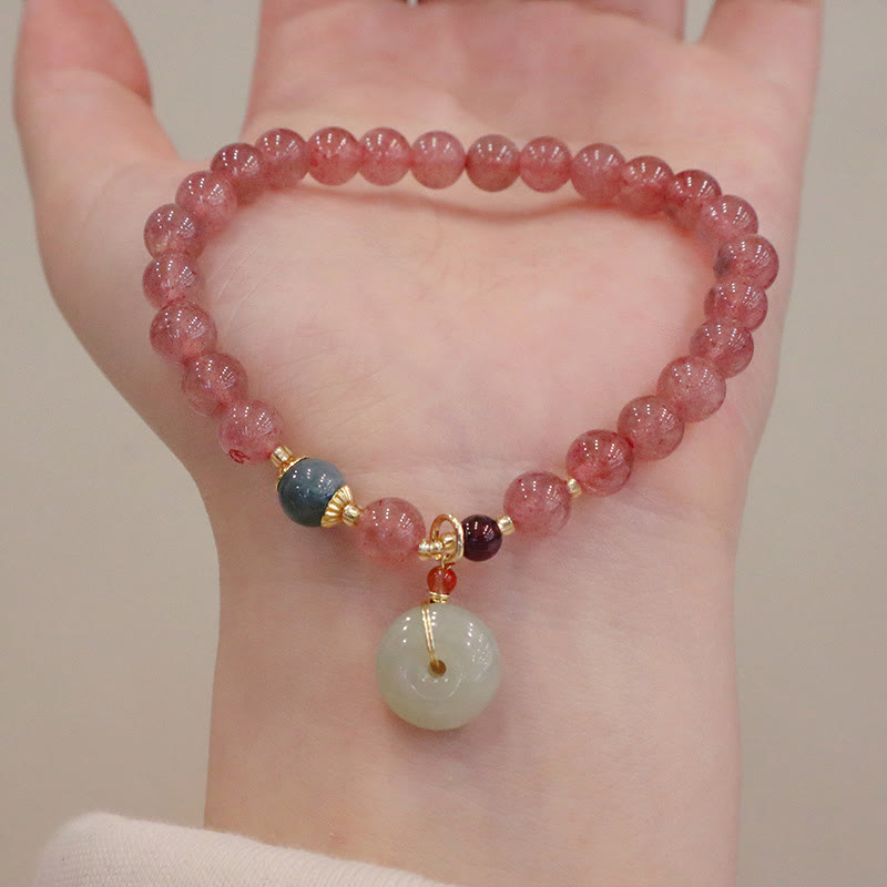 Fortune Jewel Natural Strawberry Quartz Jade Peace Buckle Coin Purse Healing Bracelet