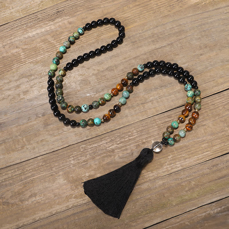 Fortune Jewel 108 Mala Beads Natural Stone Tiger Eye Turquoise Protection Strength Bracelet Necklace