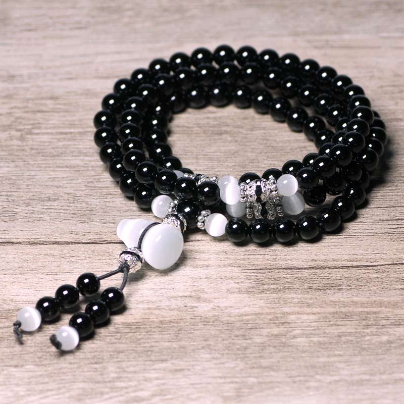 Fortune Jewel Black Onyx White Crystal Bead Meditation Bracelet