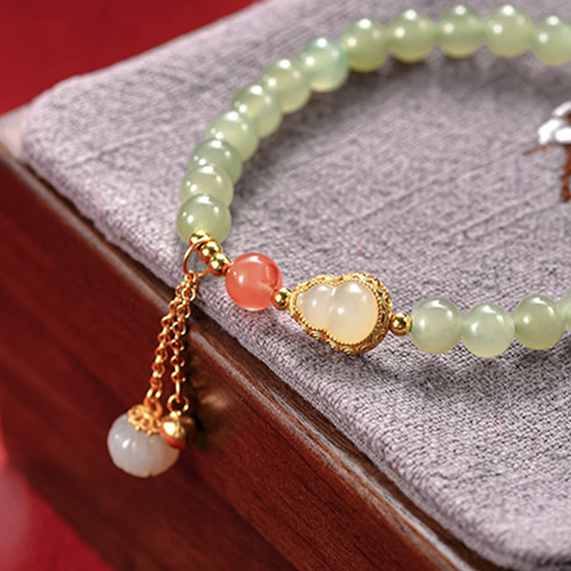Fortune Jewel 925 Sterling Silver Hetian Jade Gourd Lotus Abundance Luck Bracelet