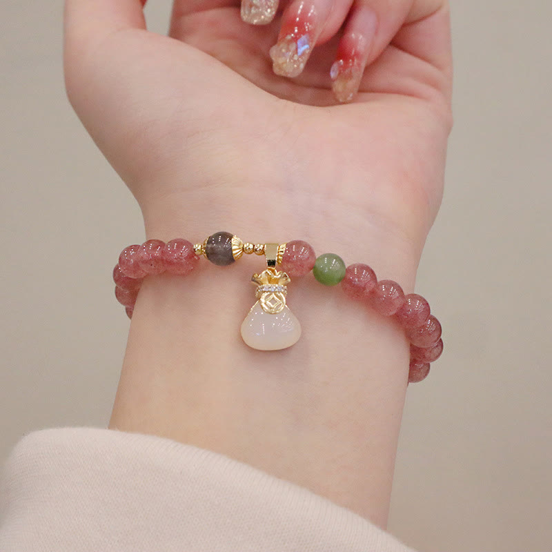 Fortune Jewel Natural Strawberry Quartz Jade Peace Buckle Coin Purse Healing Bracelet