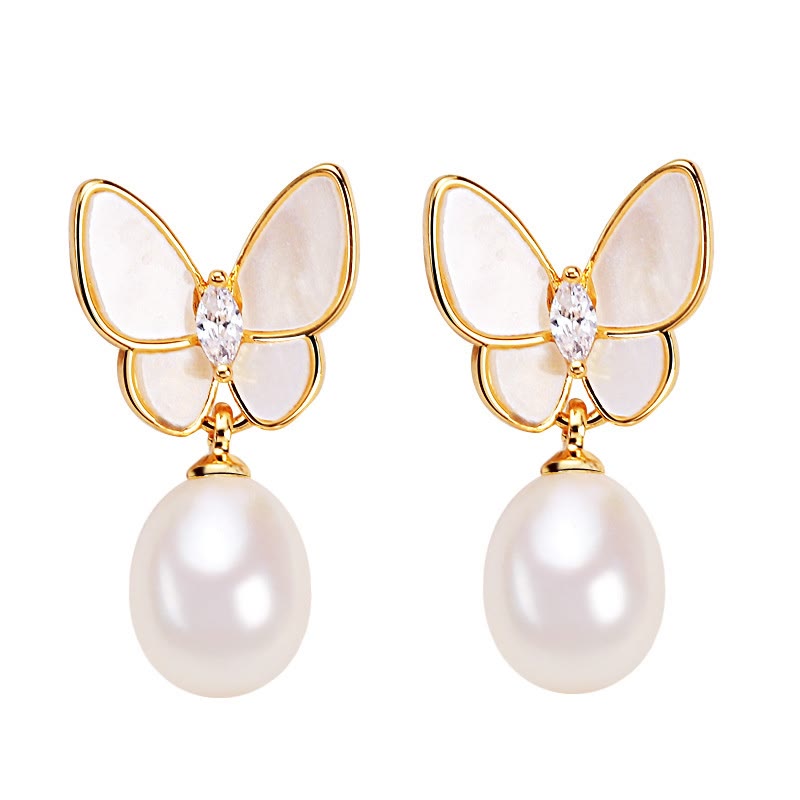 Fortune Jewel 925 Sterling Silver Posts 18K Gold Plated Copper Pearl Butterfly Optimism Stud Earrings