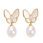 Fortune Jewel 925 Sterling Silver Posts 18K Gold Plated Copper Pearl Butterfly Optimism Stud Earrings