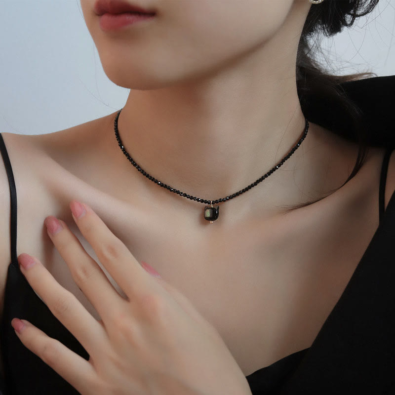Fortune Jewel Black Spinel Cute Cat Motivate Choker Necklace