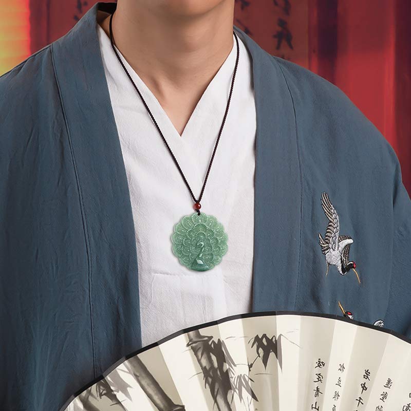 Fortune Jewel Natural Jade Peacock Luck Prosperity Necklace Pendant