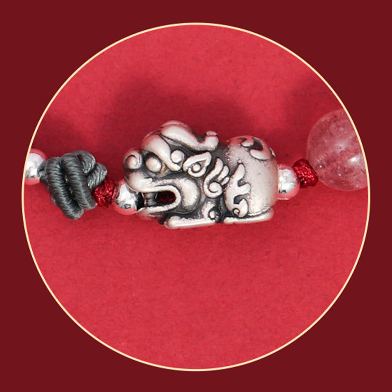 Fortune Jewel 999 Sterling Silver PiXiu Strawberry Quartz Bead Wealth Luck Braided Bracelet