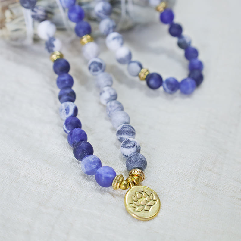 Fortune Jewel 108 Natural Picasso Jasper & Blue Stone Mala Bead Lotus Pendant Bracelet