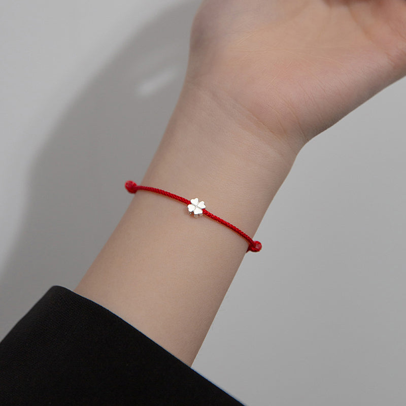 Fortune Jewel 925 Sterling Silver Four Leaf Clover Red Rope Bracelet
