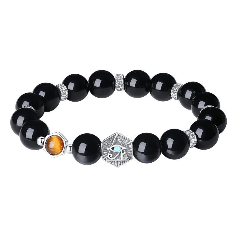 Fortune Jewel 925 Sterling Silver Black Obsidian Tiger Eye Eye of Providence Purification Bracelet