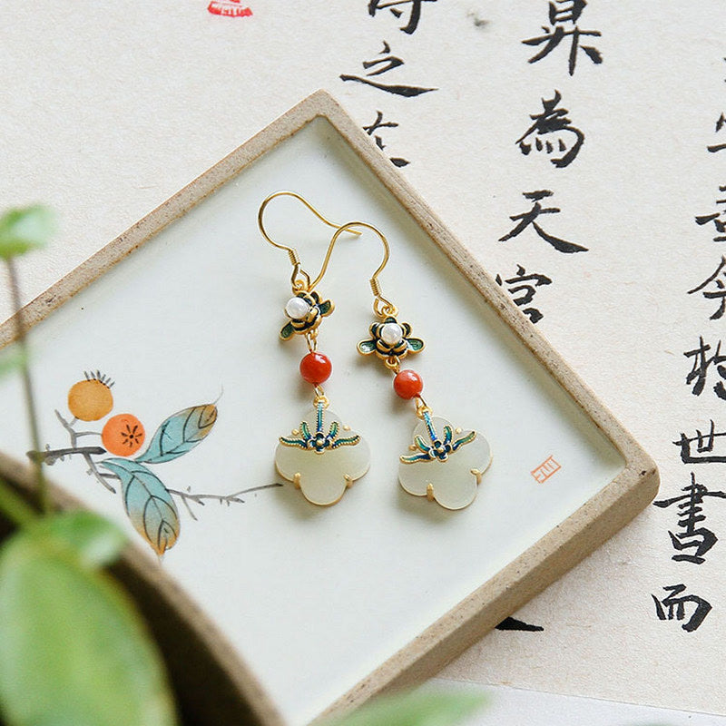 Fortune Jewel Lucky Four Leaf Clover Jade Abundance Copper Earrings
