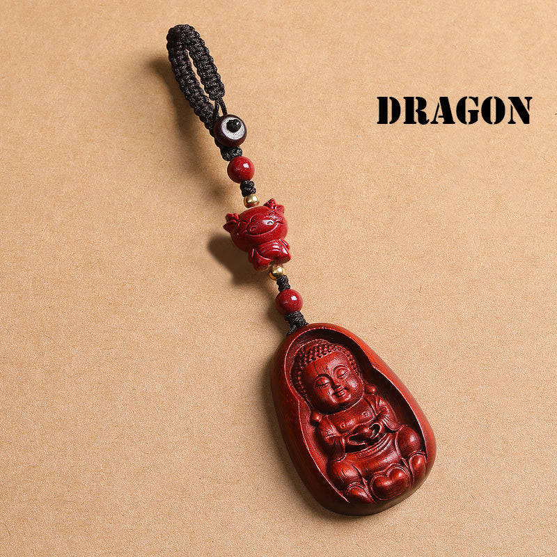 Fortune Jewel Small Leaf Red Sandalwood Buddha Cinnabar Chinese Zodiac Amulet Protection Key Chain