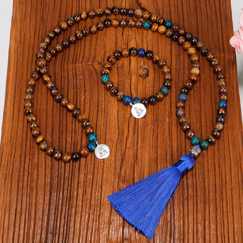 Fortune Jewel 108 Mala Beads Tiger Eye Buddha Strength Bracelet Tassel Necklace Pendant