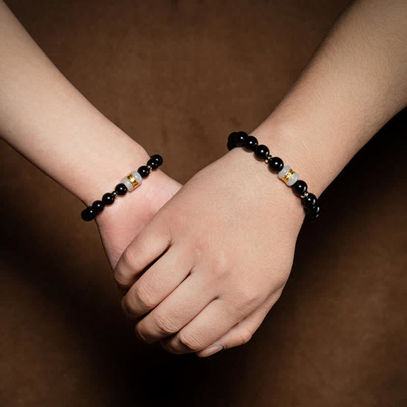 Fortune Jewel Black Obsidian Jade Om Mani Padme Hum Strength Couple Magnetic Bracelet
