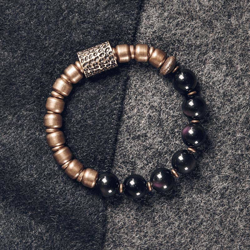 Fortune Jewel Lava Rock Stone Rainbow Obsidian Brass Support Healing Bracelet