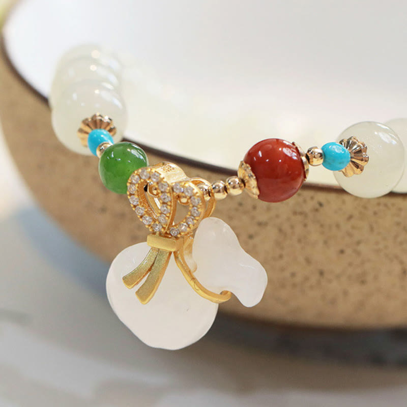 Fortune Jewel Natural Hetian White Jade 14K Gold Plated Money Bag Blessing Bracelet