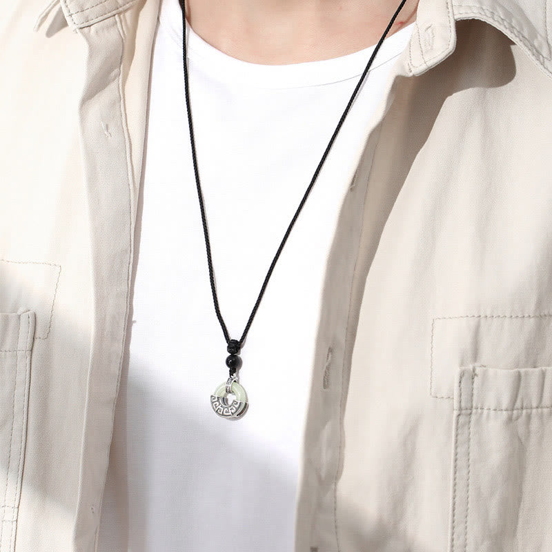 Fortune Jewel 925 Sterling Silver Natural Hetian Jade Peace Buckle Prosperity Necklace Pendant