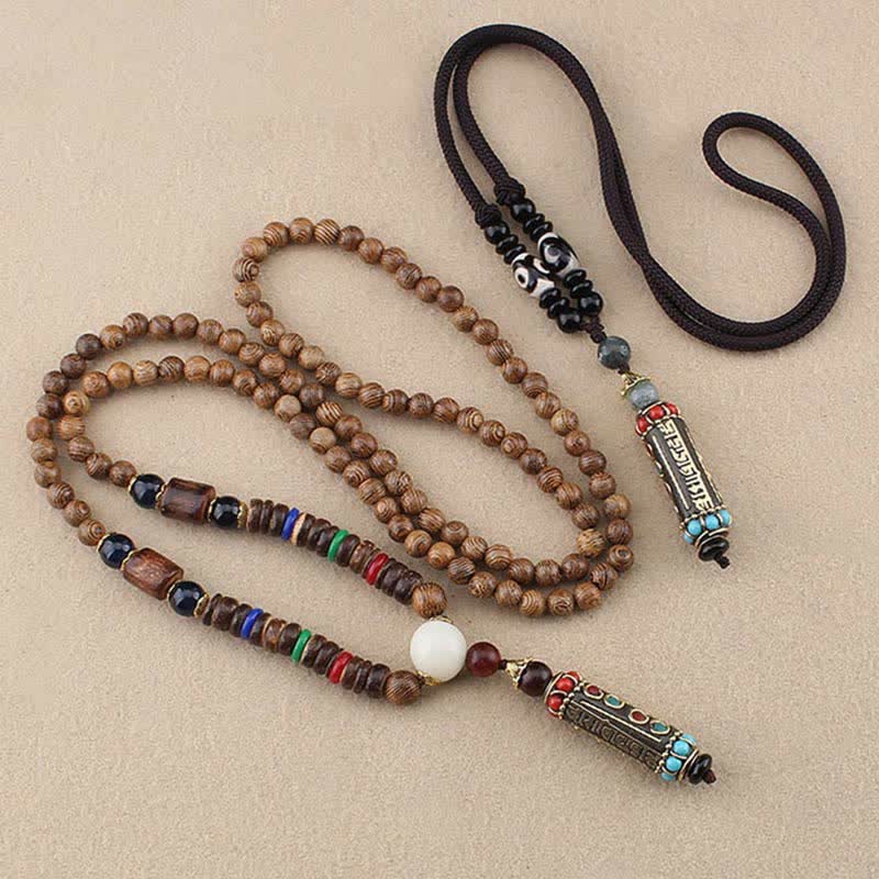 Fortune Jewel Tibetan Om Mani Padme Hum Dzi Bead Wenge Wood Necklace Pendant