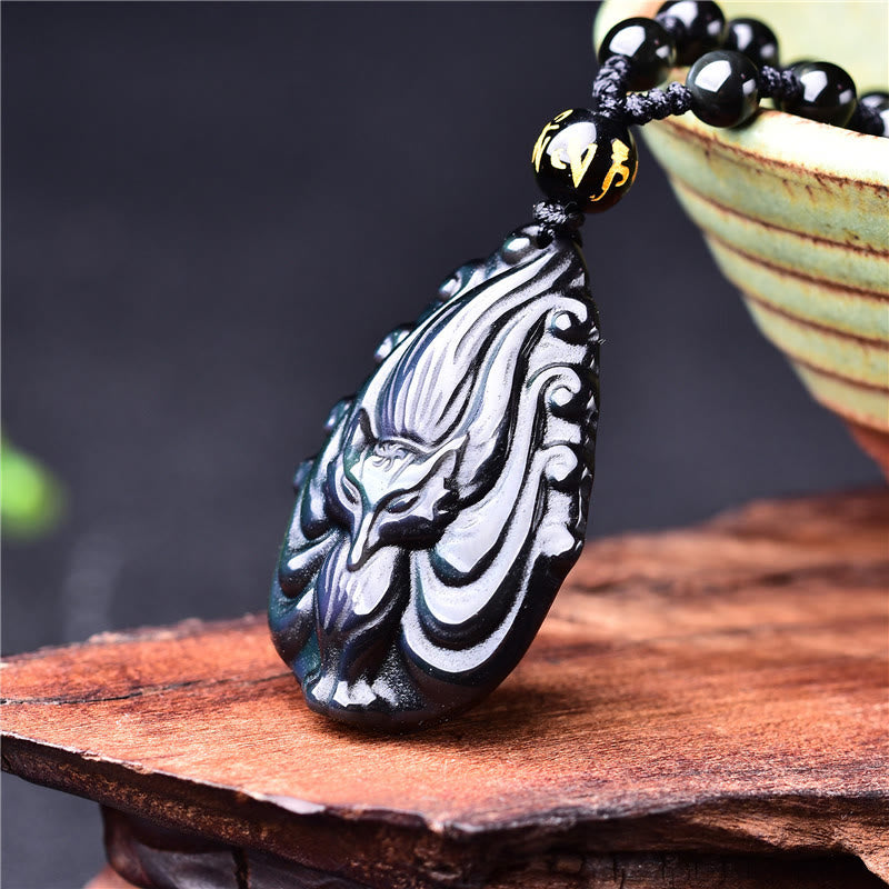 Fortune Jewel Natural Rainbow Obsidian Nine Tailed Fox Inner Peace Necklace Beaded String Pendant