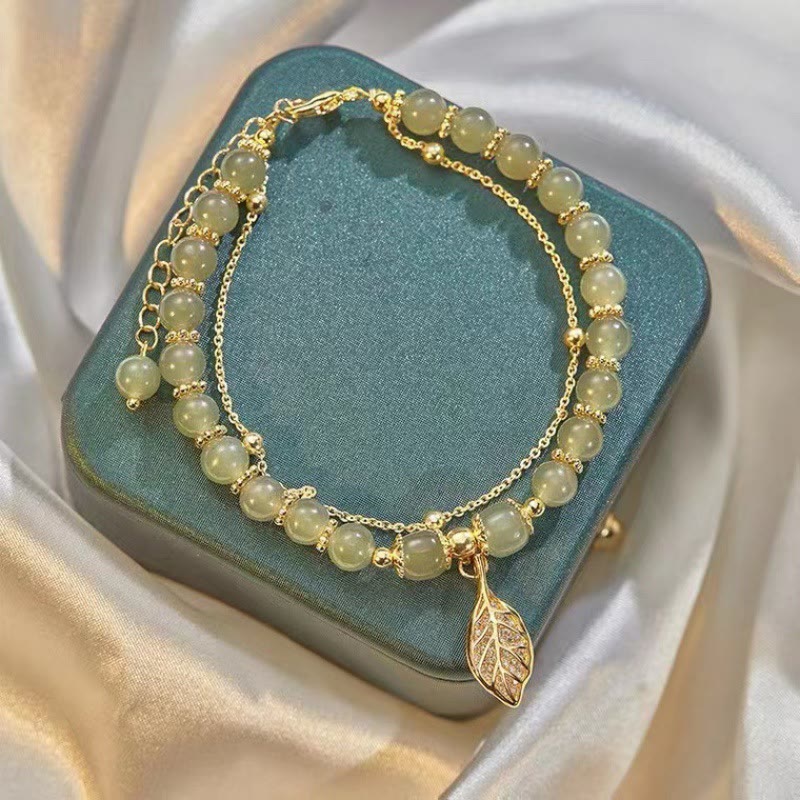 Fortune Jewel Jade Leaf Ginkgo Tulip Peanut Fu Character Luck Beaded Bracelet