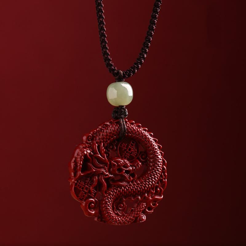 Fortune Jewel Year Of The Dragon Natural Cinnabar Hetian Jade Bead Copper Coin Attract Wealth Strength Necklace Pendant