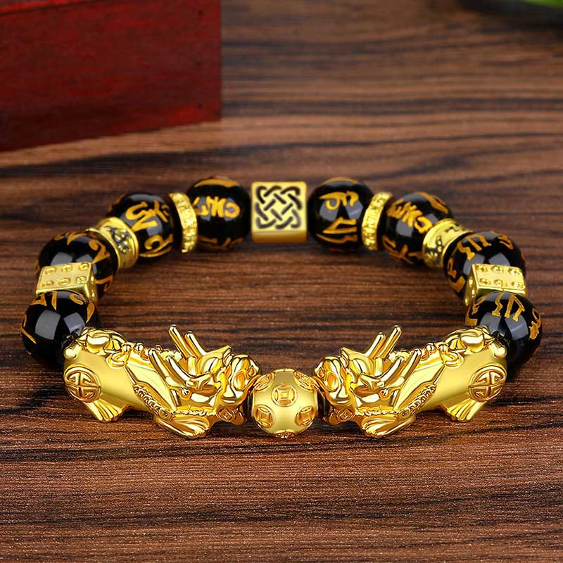 Fortune Jewel FengShui Double PiXiu Obsidian Om Mani Padme Hum Wealth Bracelet