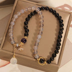 Fortune Jewel Gold Sheen Obsidian Gray Agate Lotus Charm Strengthen Double Wrap Bracelet