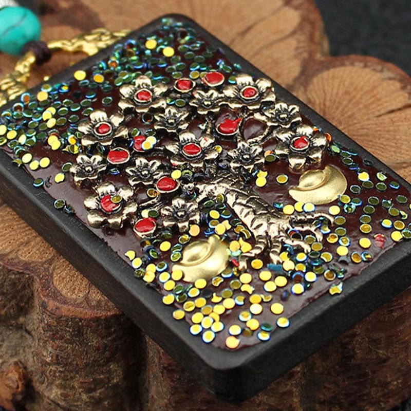 Fortune Jewel Tibet God Of Wealth Money Tree Golden Phoenix Thangka Ebony Peace Necklace Pendant