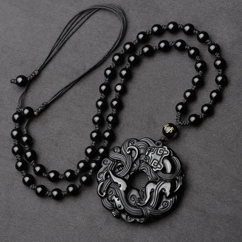 Fortune Jewel Natural Black Obsidian Peace Buckle Pixiu Purification Necklace Pendant