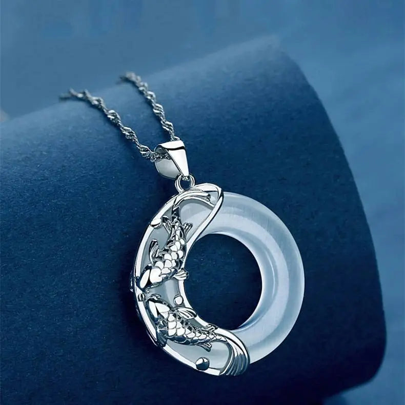 Buddha Stones "Wishing Luck and Prosperity" White Jade Koi Fish Necklace Includes Gift Message Card Fortune Jewel