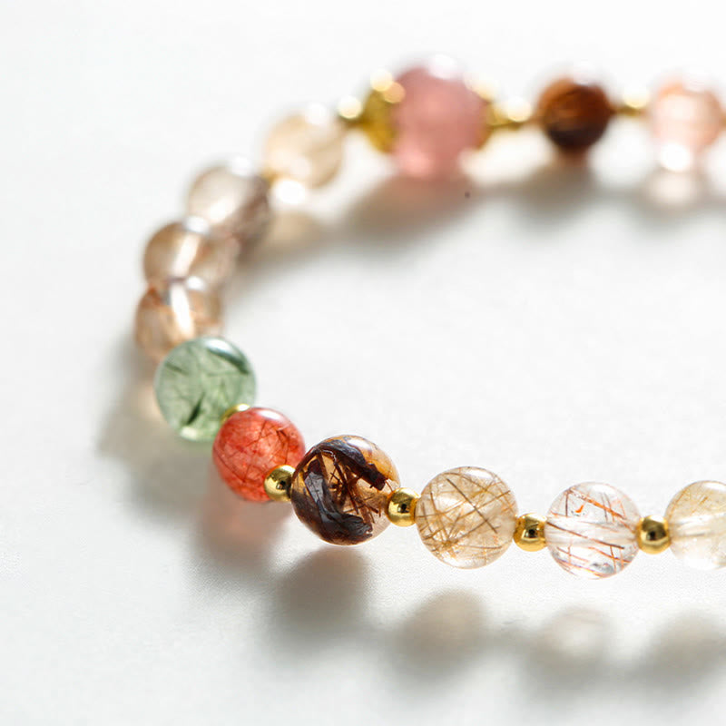 Fortune Jewel Natural Rutilated Quartz Strawberry Quartz PiXiu Wealth Bracelet