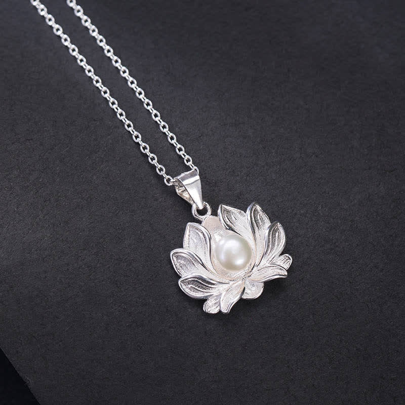 Fortune Jewel 925 Sterling Silver Lotus Flower Pearl Wealth Necklace Pendant Fortune Jewel