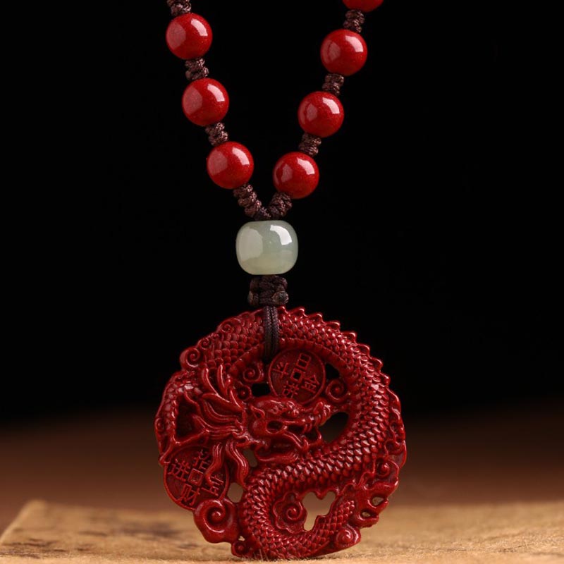 Fortune Jewel Year Of The Dragon Natural Cinnabar Hetian Jade Bead Copper Coin Attract Wealth Strength Necklace Pendant